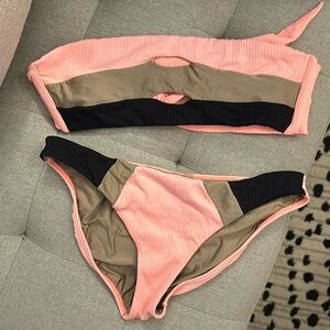 PQ medium strapless pink black and brown color block bikini